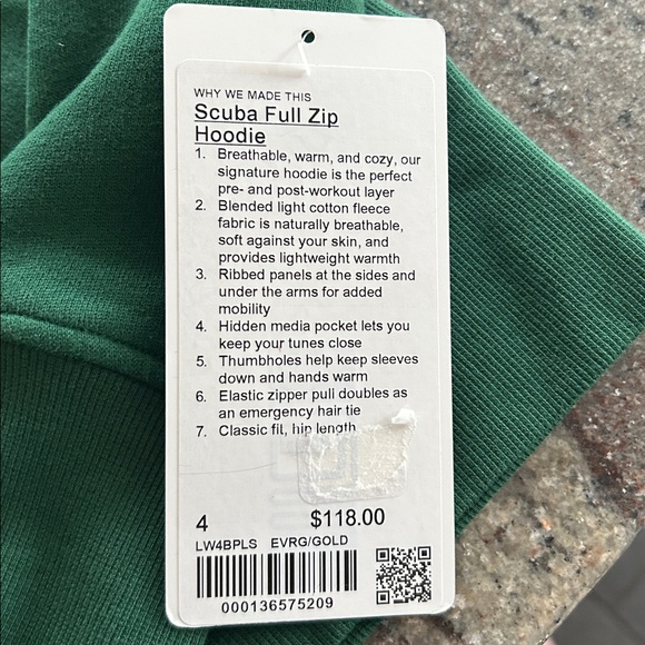 NWT lululemon Full Zip Hoodie Everglade Green/Gold Zip Sz 4 - Picture 6 of 6